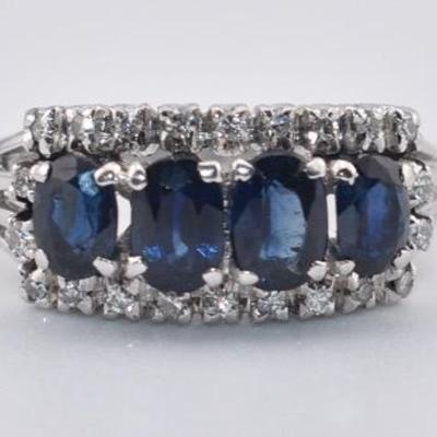 10k White Gold Oval Blue Sapphire Line Ring