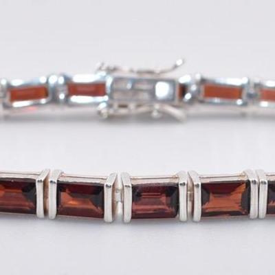 Sterling Silver Emerald-Cut Garnet Tennis Bracelet
