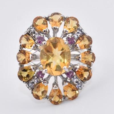 Sterling Silver Natural Unheated Citrine, Rhodolite Garnet & Tanzanite Statement Ring
