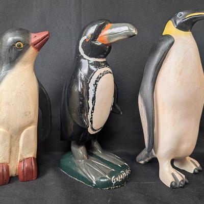 Wood Carved Galapagos Penguin and other wood carved Penguins 