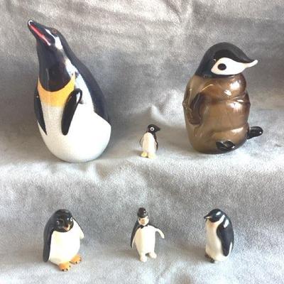 Art Glass Penguin Hand Blown Black Brown White & Mini Penguins 