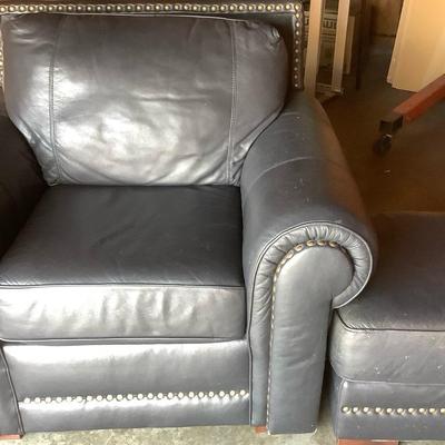 Classic Large Black Leather Club Chair w/ Ottoman