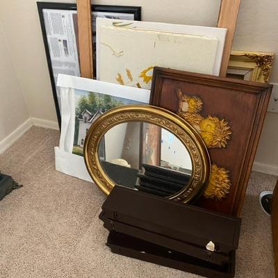 Various Paintings And Canvas Pictures With Wall Shelves