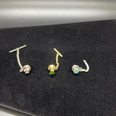 3 Tie Clips With Gemstones:  Fleur-de-lis - Grey Stone, Golf - Green Stone, Turquoise Flower
