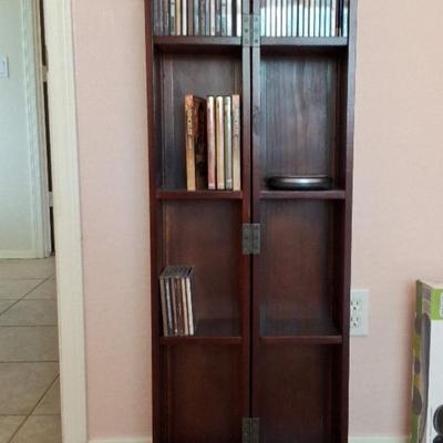 Dark Brown Wooden CD/DVD Storage Unit, 4 Shelves, Closes, Magnavox Portable CD player