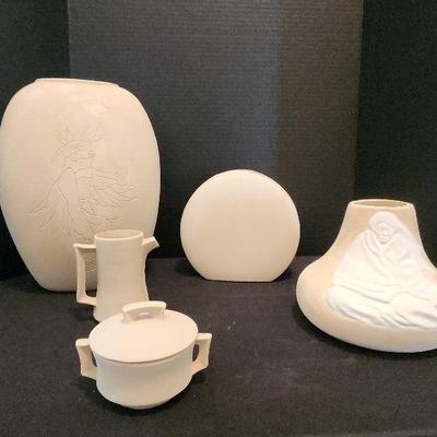 Pottery Pieces, (5) Native American, Vases, Pitcher, Container With Lid, Ready To Paint, Unfired