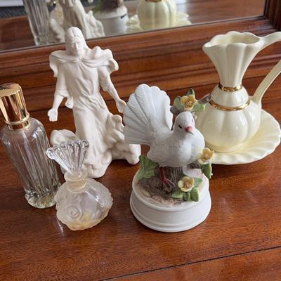 Decorative figures, Perfume bottles, Small Decorative Pitcher with tray.
