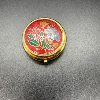 Cloissone Pill Or Small Jewelry Box - Floral With Gold Colored Outside