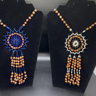Pair Of Native American Bead And Ghost / Juniper Berry Seed Necklaces