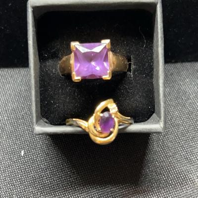 Pair Of Amethyst Rings With Gold Plated Bands - Marked China & Taiwan
