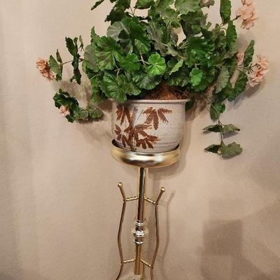 Gold Finish Plant Stand With Pottery & Silk Plant (Imitation)