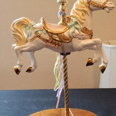 Ceramic Merry-Go-Round Carousel Horse, Decorative, With Wooden Base