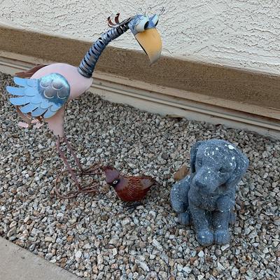 Three Cute Pieces Of Outdoor Yard Art. Cardinal, Dog And Flamingo Bird.