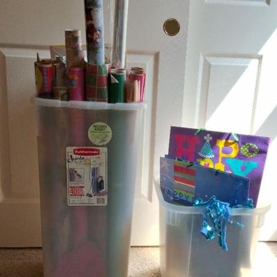 Variety Of Wrapping Papers & Rubbermaid Tub, Birthday Gift Bags