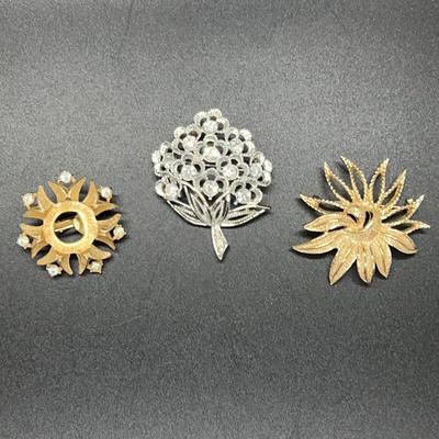 3 Large Sarah Coventry Jewelry Pins / Brooches: Gold And Silver Toned With Sparkle