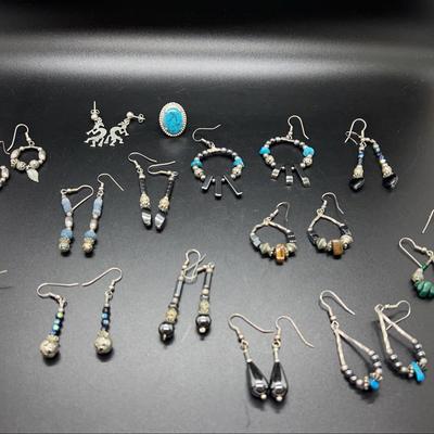 Large Collection Of Hematite And Turquoise, Green And Blue Gemstone Earrings, One Ring