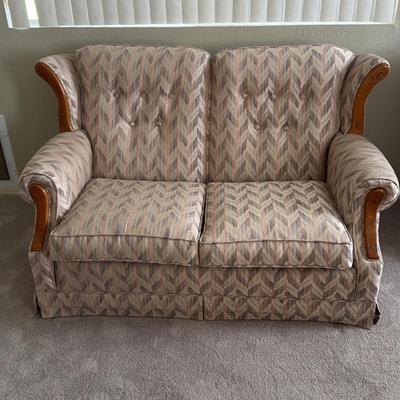 Cozy Tan Loveseat / Small Couch with Wood Accents - Good Condition!