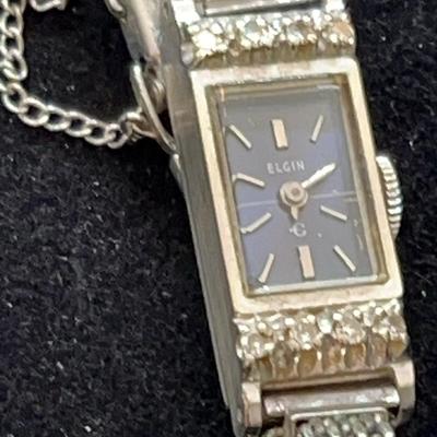 Vintage Dainty 10K Gold Elgin Watch With blue Face And Diamond Bezel