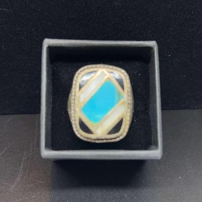 Large Vintage Turquoise And Silver Men’s Ring - Onyx And Quartz Details