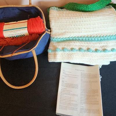 Craft Projects: Bag Of Yarns & Almost Finished Crocheted Blanket With Instructions & Yarns
