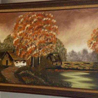 Large Painting Of A Cabin Lakeside In The Fall