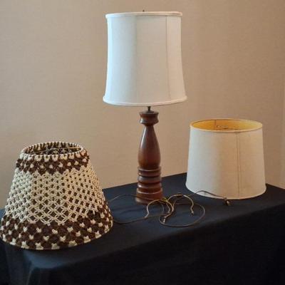 Brown Wooden Lamp Base With 12" Shade Attached, 15" Shade, 16" Crocheted Brown & Cream shade