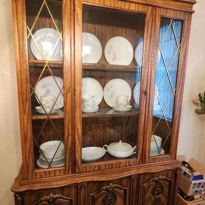 Solid Wood China Hutch Cabinet, 3 Shelves, 80" Tall, Ornate Scrolling Details