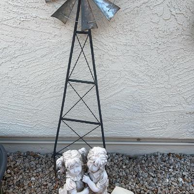 Cute Yard Art Kids And Metal Windmill