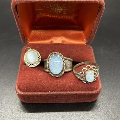 Set Of 3 Vintage Silver And Blue Opal Rings And Drop Pendant 