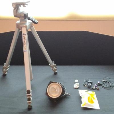 Vintage Velbon VE-3C Professional  Aluminum Tripod, Vintage Movie Light, 3 Pairs Wired Headphones, 