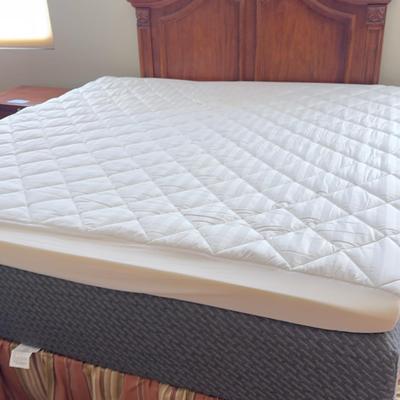 Full Size Headboard With King Mattress, Box Springs, Foam Mattress Topper, And Bed Skirt.