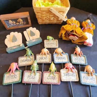Country Living Decor: Adorable Garden Identification Stakes, 2 Handmade Dolls, Basket