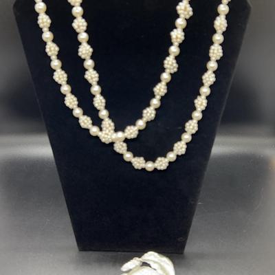 Pearl Perfection: Sarah Coventry Brooch, Saltwater Pearl Earrings And Long Necklace