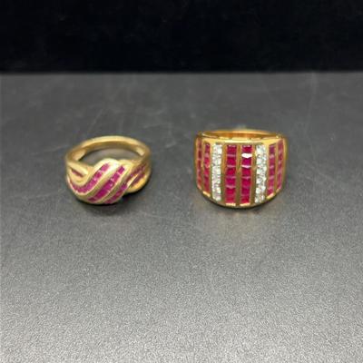 Pair Of Ruby Red And Gold Rings: One With Extra Sparkle!
