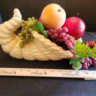 Ceramic Cornucopia With Assorted Fruits, 15" Length 