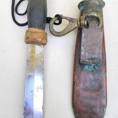 Vintage Sea Hunter Double Edge Diving Knife With Custom Made Copper Sheath