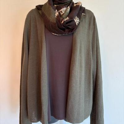 Earth-Tone Cardigan & Shell + Scarf - Eileen Fisher/J Jill