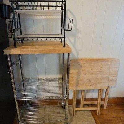 Butcher Block Baker’s Rack on Wheels with Dish Rack & Wooden TV Trays