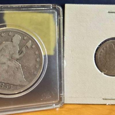 1854 Liberty Seated Half Dollar & Dime Coins