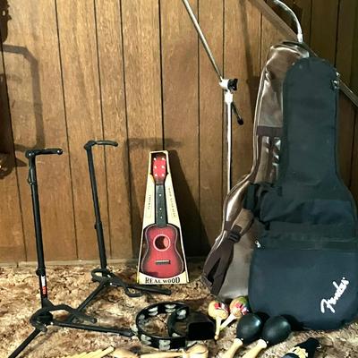 Guitar and Microphone Stands, Guitar Cases, and Instruments
