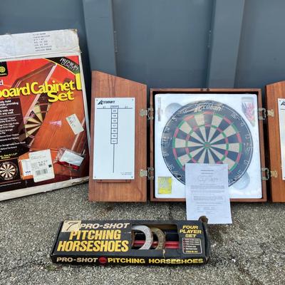 Accudart Dartboard Cabinet Set and Pro-Shot Pitching Horseshoes Four Player Set 
