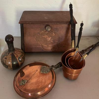 Vintage Wooden Bread Box, Copper, and Italian Leather-Wrapped Decanter