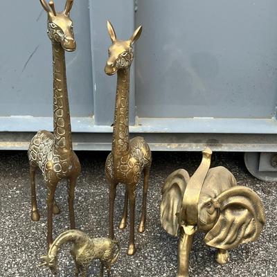 Large Brass Giraffes and Elephant Figurines