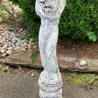 Large Weathered Concrete Garden Statue of Lady Holding Grapes with Pedestal Stand