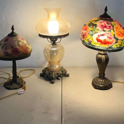 Vintage Reverse Painted Table Lamps and Hurricane Lamp

