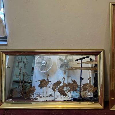 Large Vintage Gold Bird Landscape Etched Mirrors
