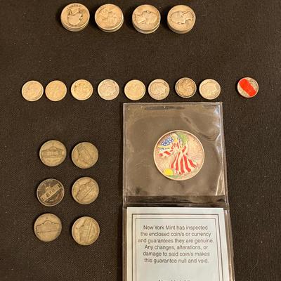 Silver Coins (Quarters, Dimes, Wartime Nickels, and a Painted Silver Eagle Dollar)
