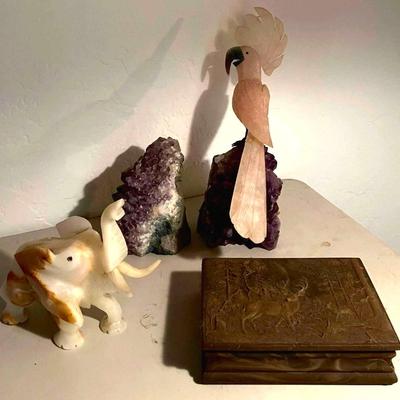 Genuine Incolay Stone Jewelry Box, Onyx Elephant, and Carved Gemstone Bird Sculpture with Amethyst