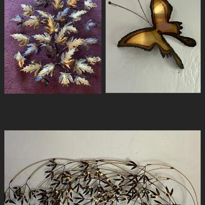 Vintage Metal Wall Sculptures and Brass Butterflies
