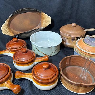 French Onion Soup Crocks W/ Lids And Studio Art Pottery 